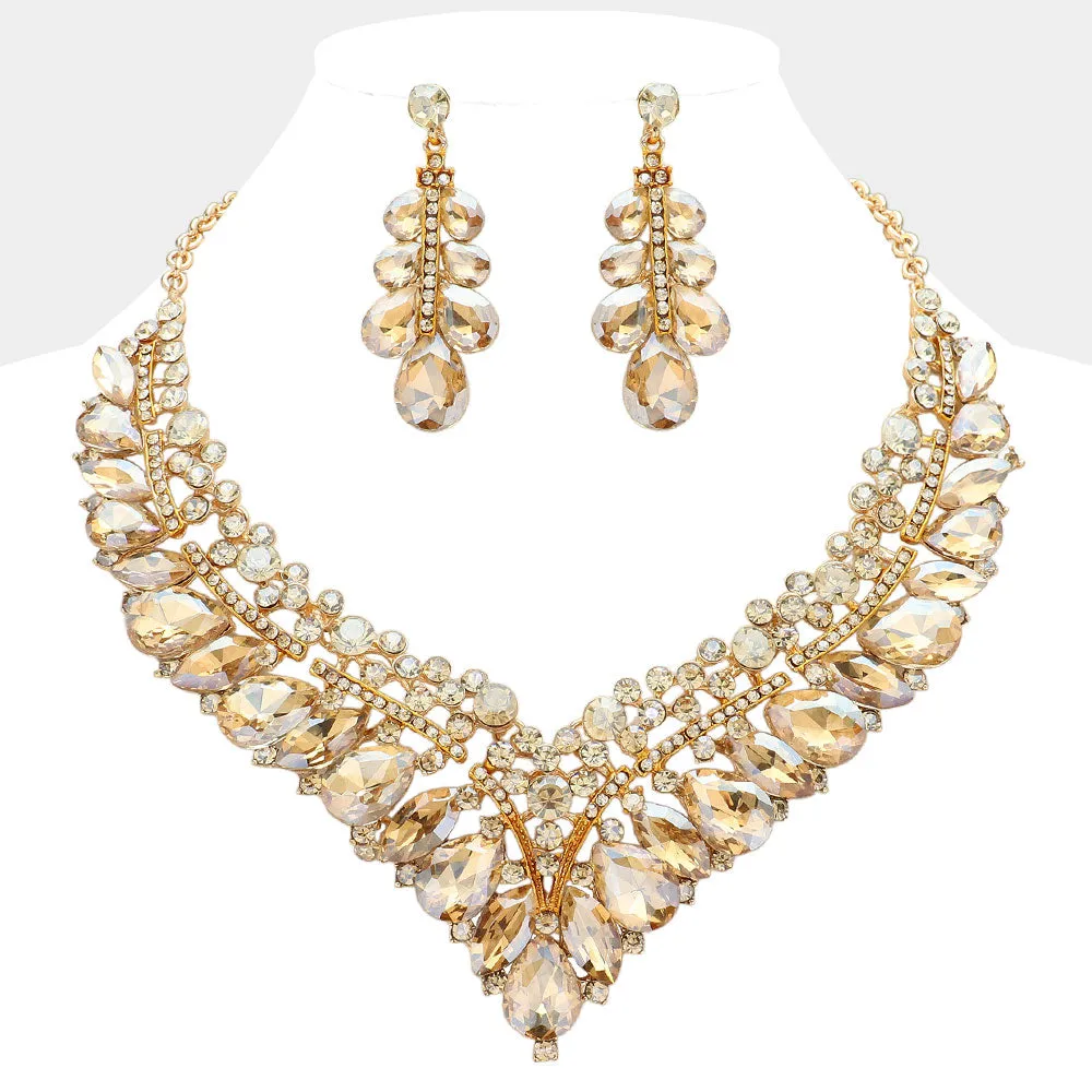 Light Topaz Teardrop Marquise and Round Stone Evening Necklace Set  | Crystal Statement Necklace Set |  645271