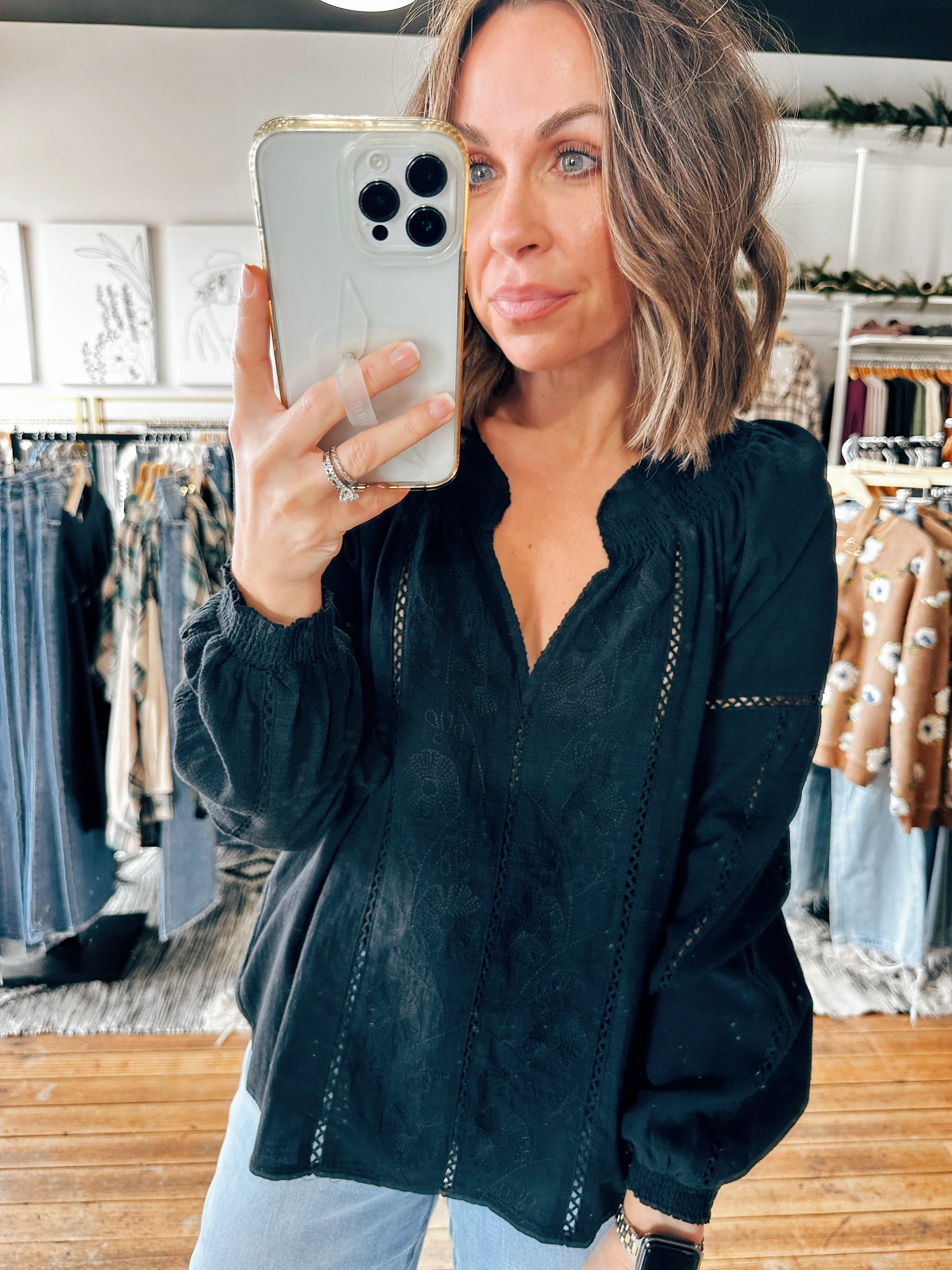 Long Sleeve Split Smocked Blouse