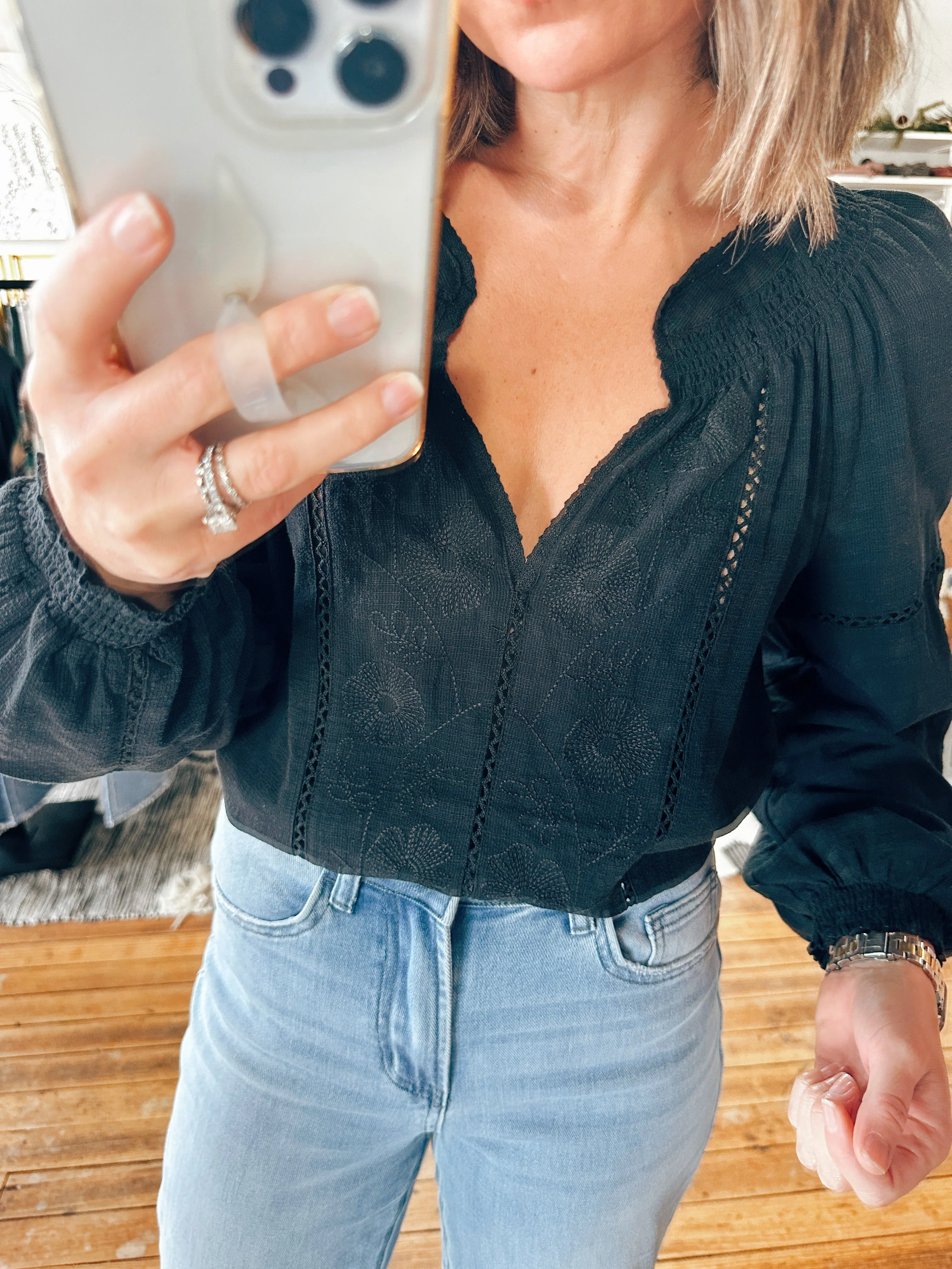 Long Sleeve Split Smocked Blouse