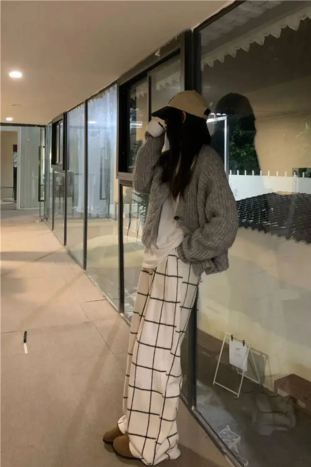 Loose White Plaid Long Homewear Pants
