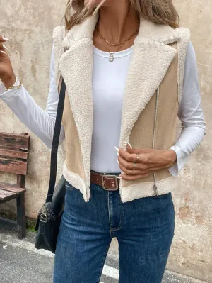 LUNE Women's Foldable Collar Metal Zipper Sleeveless Suede Sherpa Lined Warm Casual Jacket For Fall/Winter