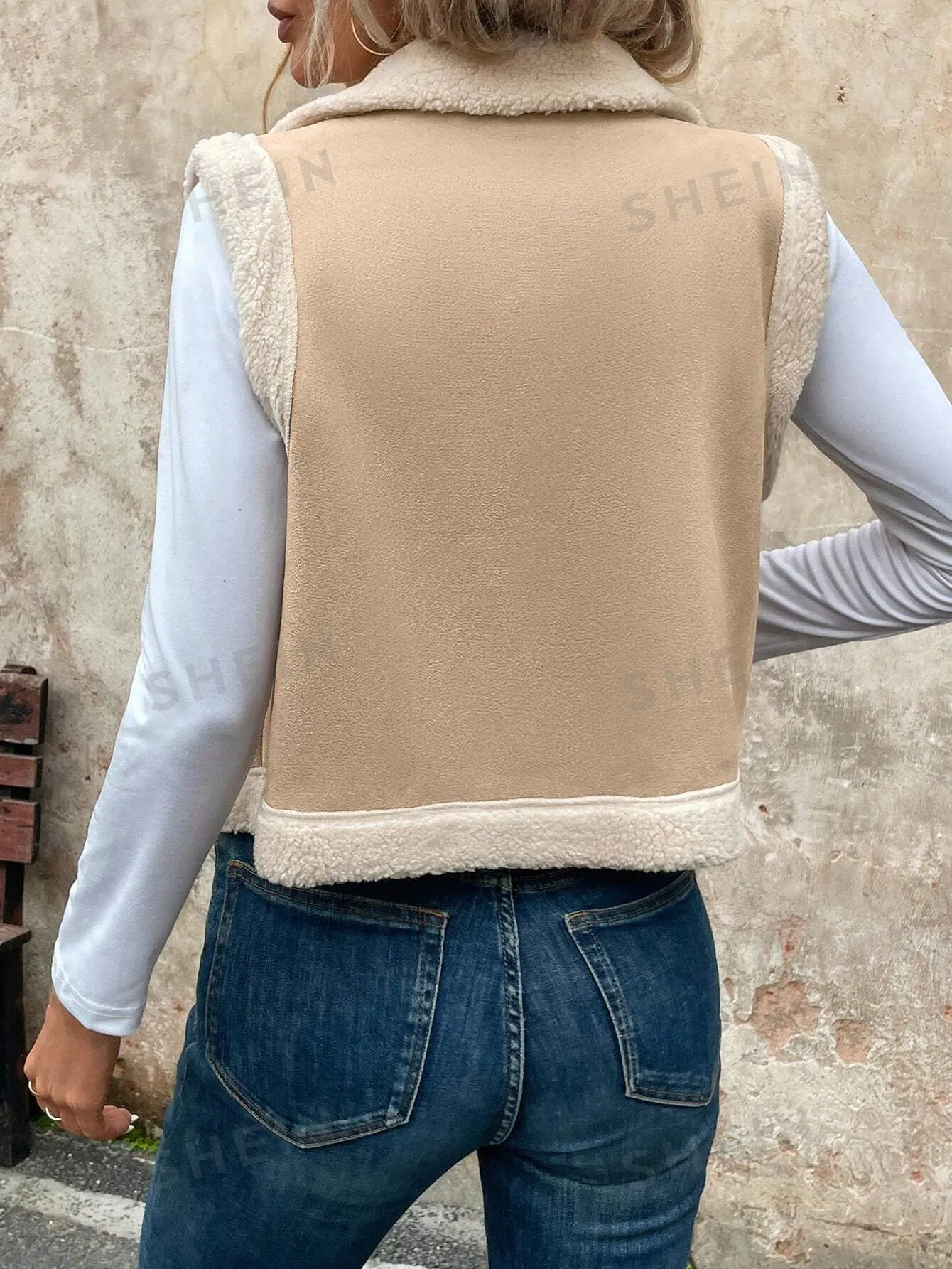 LUNE Women's Foldable Collar Metal Zipper Sleeveless Suede Sherpa Lined Warm Casual Jacket For Fall/Winter