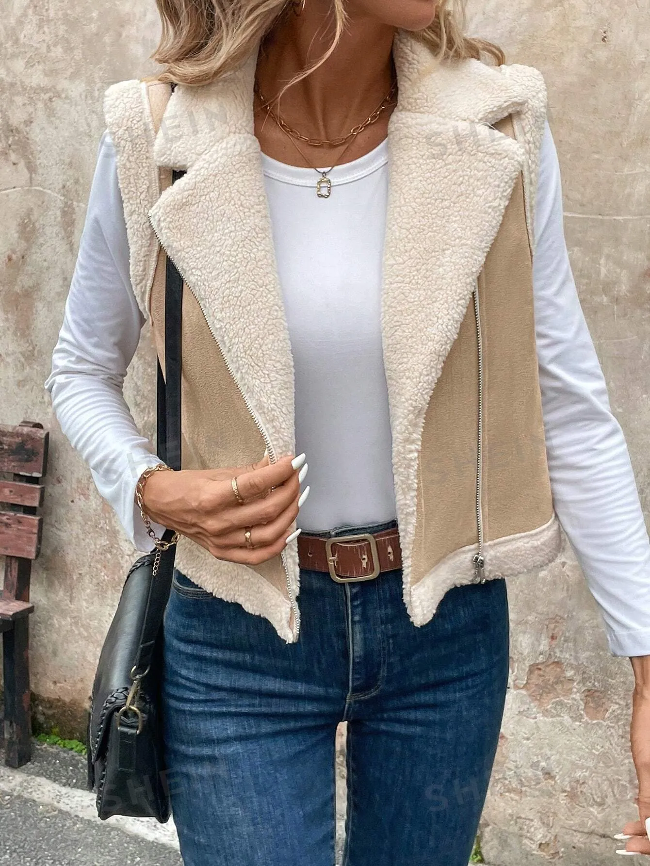 LUNE Women's Foldable Collar Metal Zipper Sleeveless Suede Sherpa Lined Warm Casual Jacket For Fall/Winter