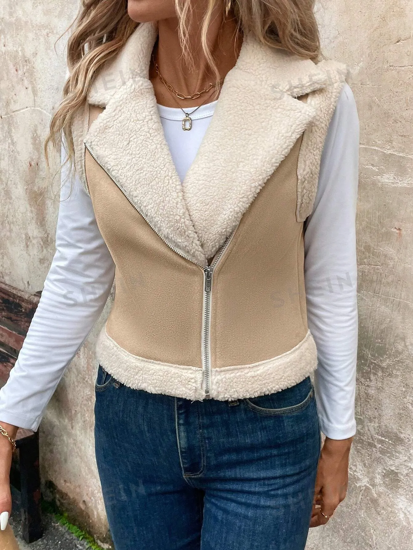 LUNE Women's Foldable Collar Metal Zipper Sleeveless Suede Sherpa Lined Warm Casual Jacket For Fall/Winter