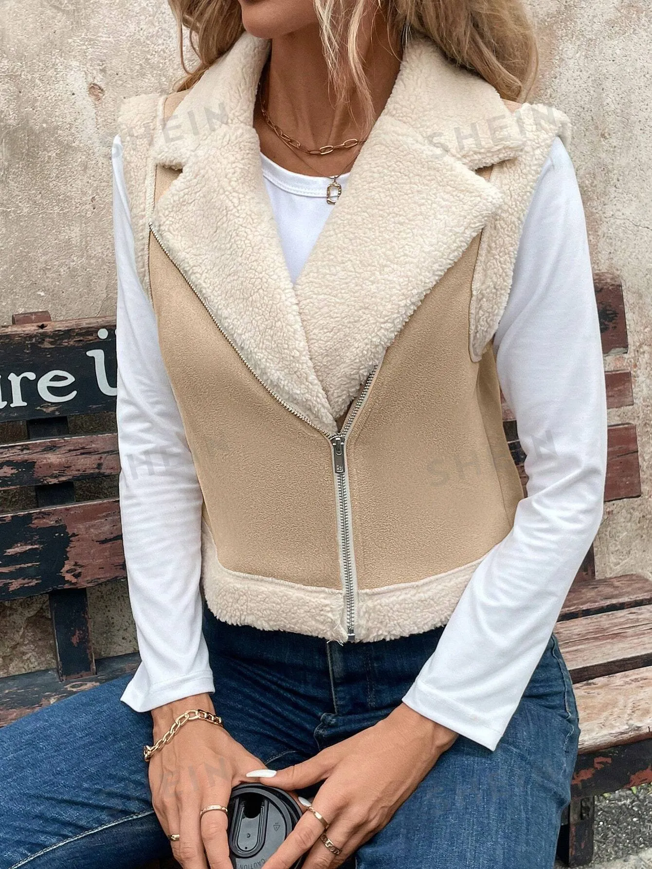 LUNE Women's Foldable Collar Metal Zipper Sleeveless Suede Sherpa Lined Warm Casual Jacket For Fall/Winter