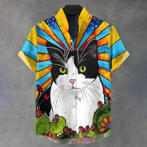 Men'S Cactus And White Cat Print Short Sleeve Shirt 2411012442
