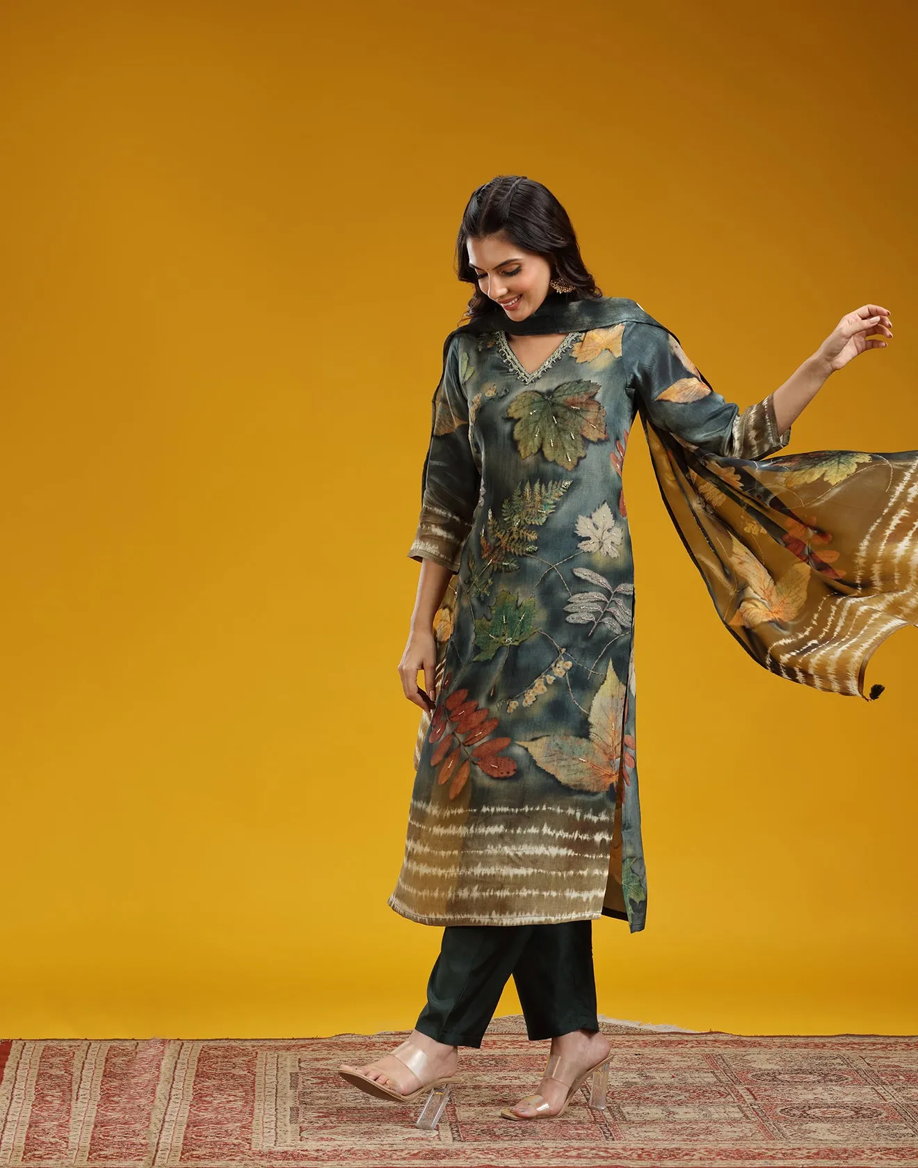 Midnight Forest Printed Silk Kurta Set