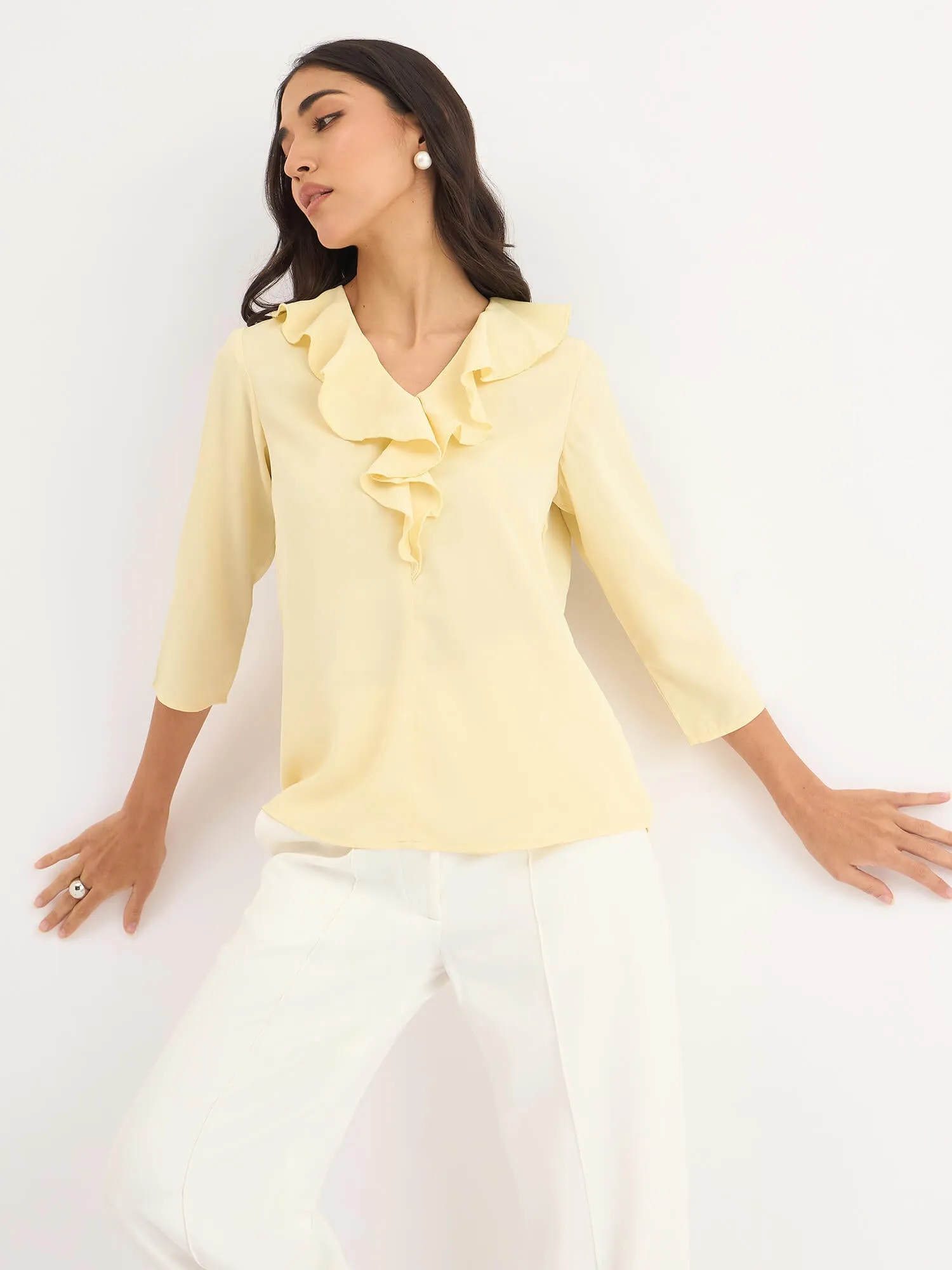 Midnight Kiss Ruffled Neckline Top-Yellow