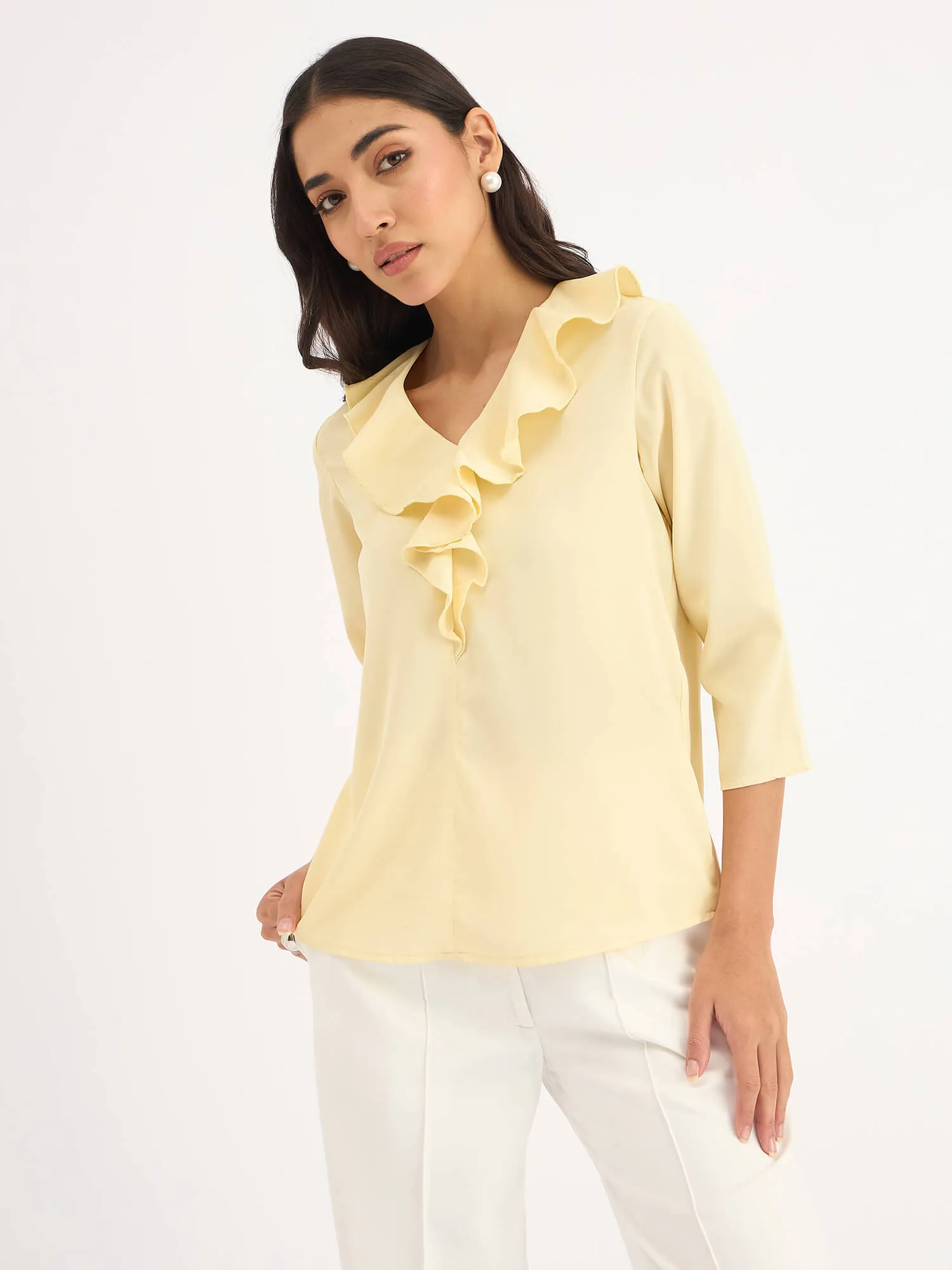 Midnight Kiss Ruffled Neckline Top-Yellow
