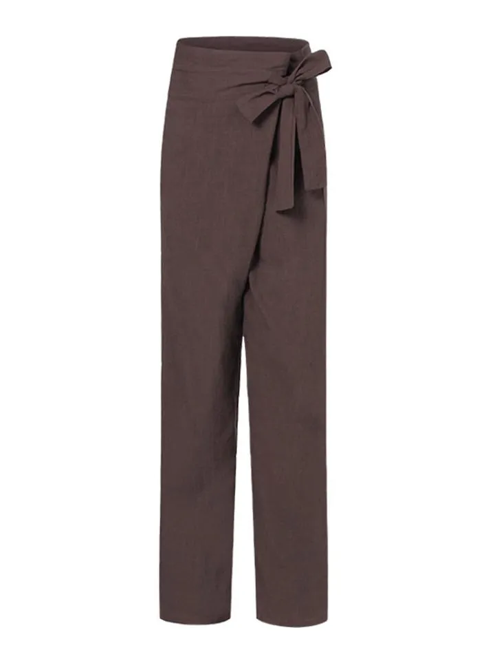 Minimalist Style High-Rise Side Tie Up Pocket Cotton Linen Pants