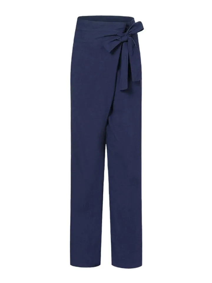 Minimalist Style High-Rise Side Tie Up Pocket Cotton Linen Pants