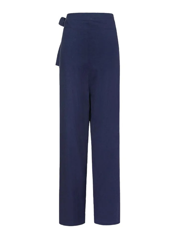 Minimalist Style High-Rise Side Tie Up Pocket Cotton Linen Pants