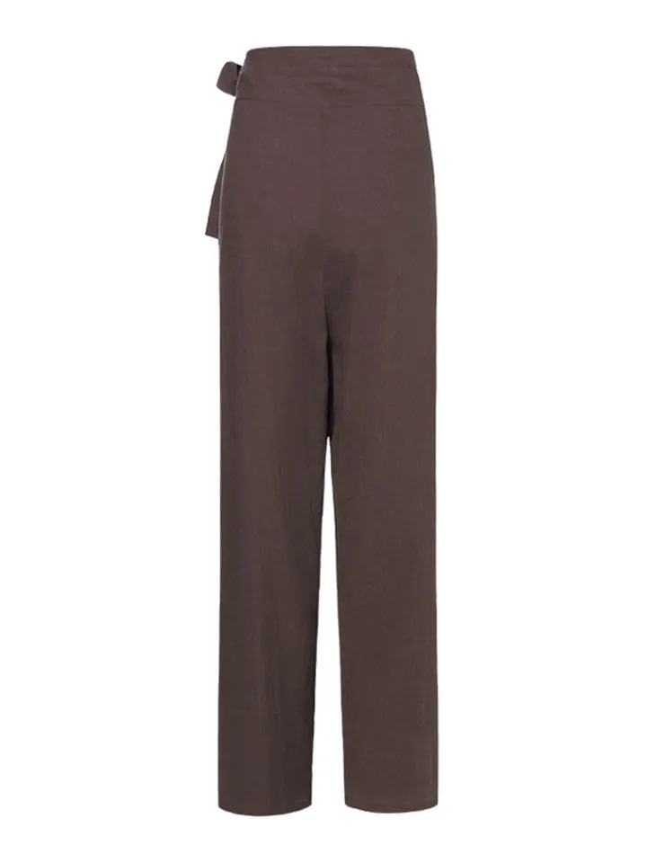 Minimalist Style High-Rise Side Tie Up Pocket Cotton Linen Pants