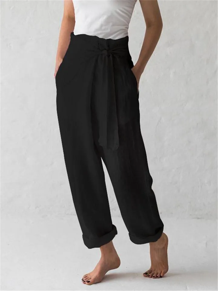Minimalist Style High-Rise Side Tie Up Pocket Cotton Linen Pants