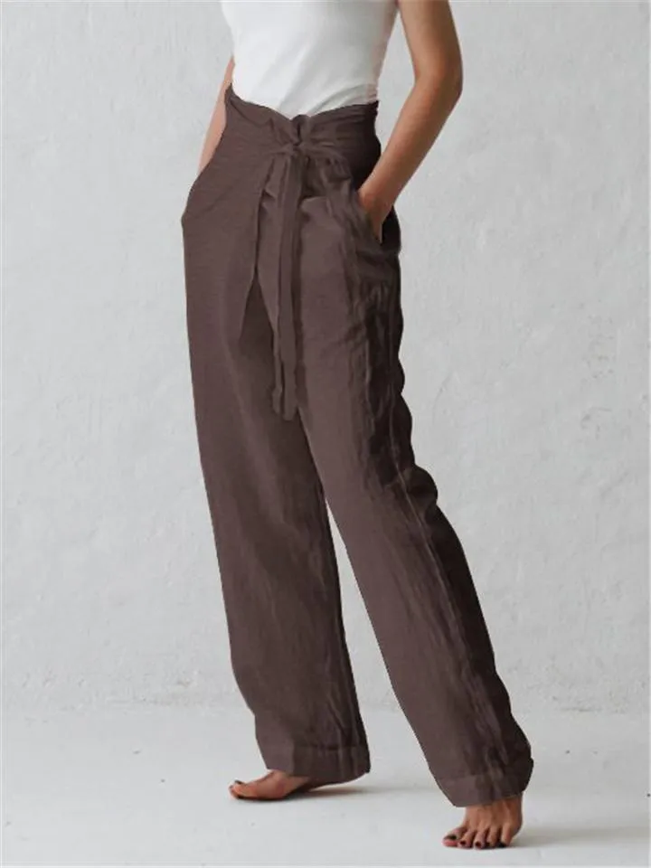 Minimalist Style High-Rise Side Tie Up Pocket Cotton Linen Pants