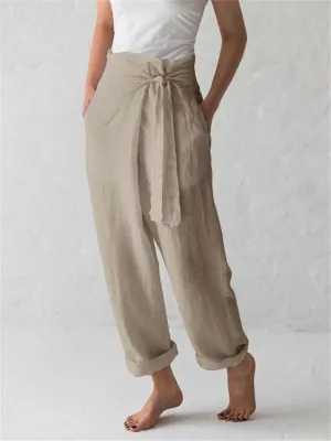 Minimalist Style High-Rise Side Tie Up Pocket Cotton Linen Pants