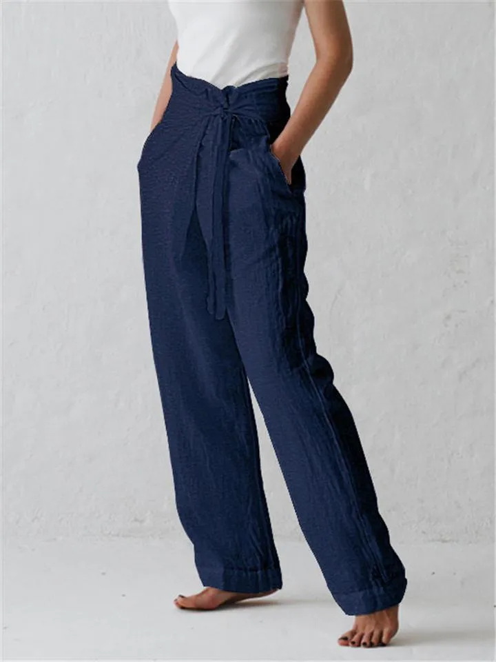 Minimalist Style High-Rise Side Tie Up Pocket Cotton Linen Pants