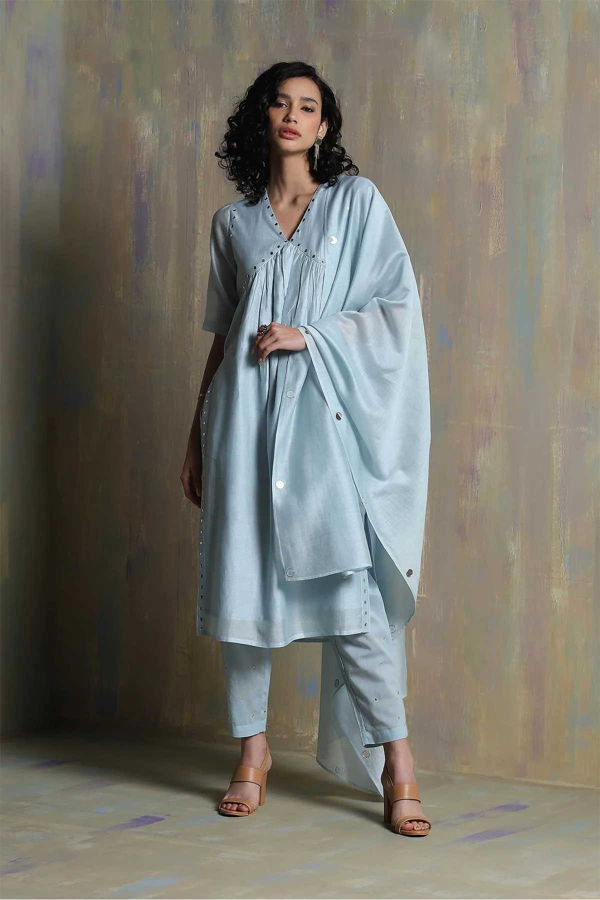 Mirror Work Yoke Blue Kurta Set