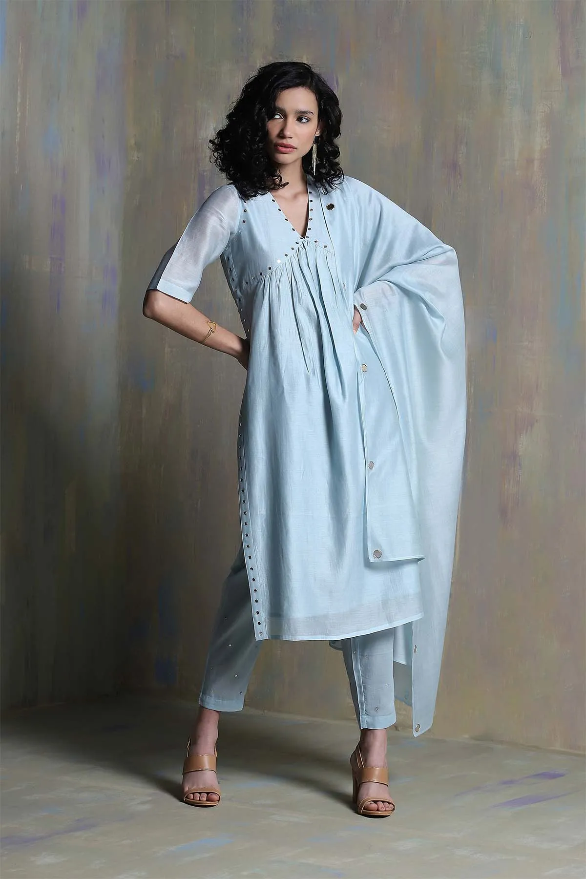 Mirror Work Yoke Blue Kurta Set
