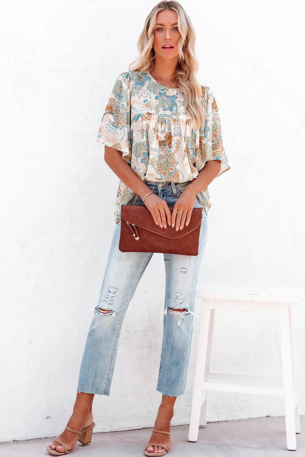 Multicolor Paisley Print Wide Sleeves Loose Blouse
