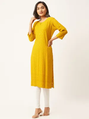 Mustard Rayon Keyhole Neck 3/4th Sleeves Chikankari Embroidery Ethnic Wear Kurta For Women - ZOLA
