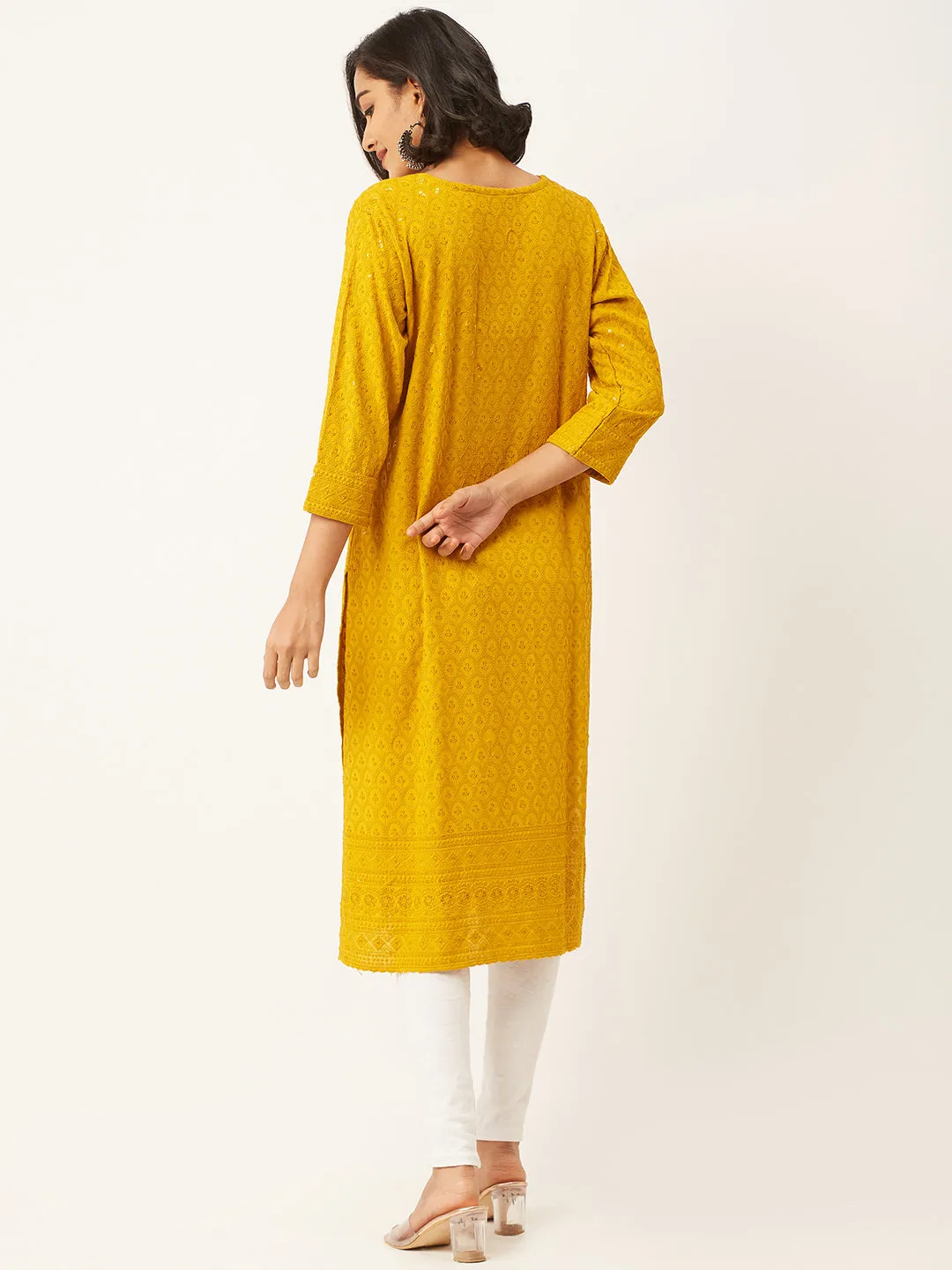 Mustard Rayon Keyhole Neck 3/4th Sleeves Chikankari Embroidery Ethnic Wear Kurta For Women - ZOLA