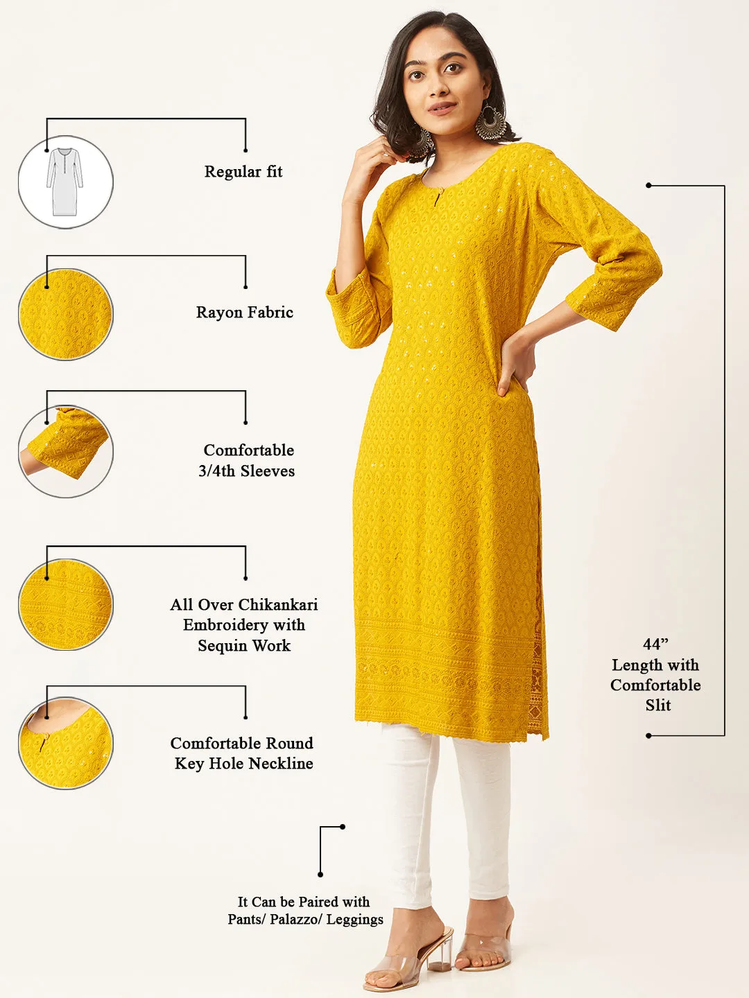Mustard Rayon Keyhole Neck 3/4th Sleeves Chikankari Embroidery Ethnic Wear Kurta For Women - ZOLA