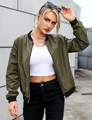 New Women's Contrast Trim Zip Pocket Lightweight Bomber Jacket, Green, Sz S