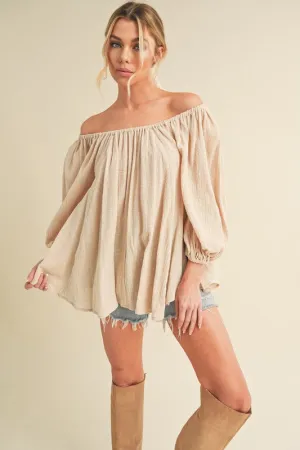 Oatmeal Off-Shoulder Balloon Sleeve Blouse