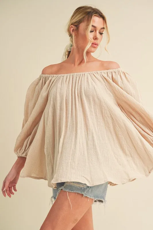 Oatmeal Off-Shoulder Balloon Sleeve Blouse