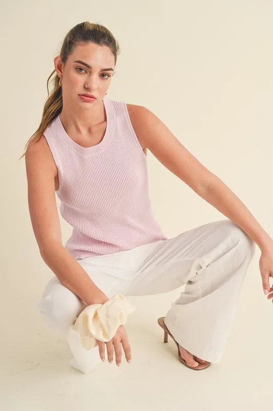 Pink Ribbed Round Neck Knit Tank