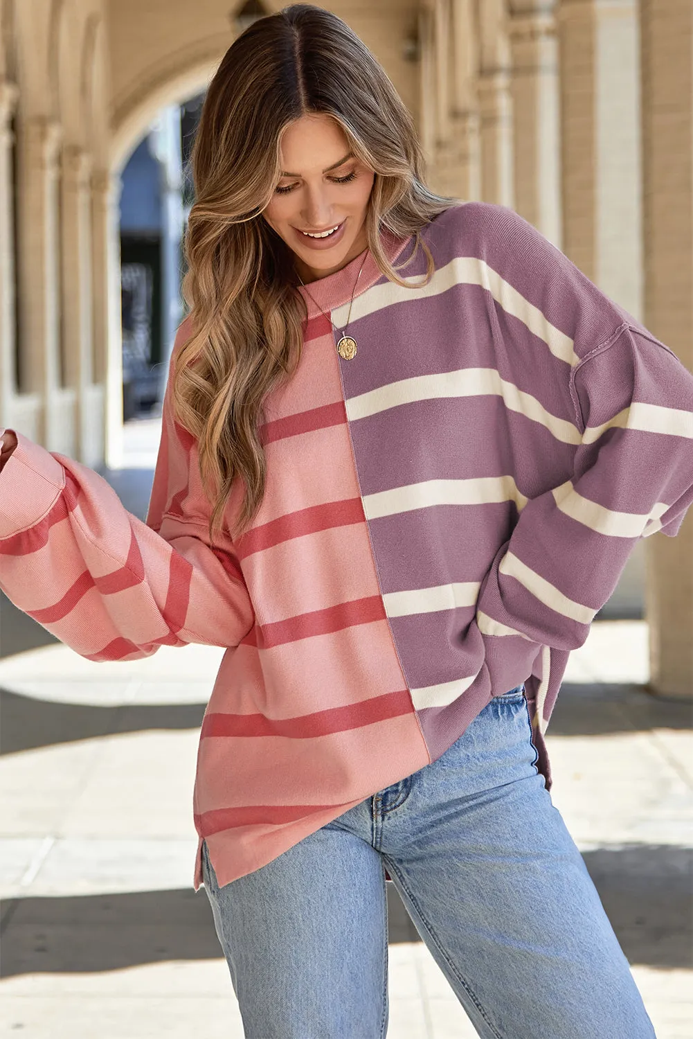 Pink Stripe Colorblock Oversized Sweater