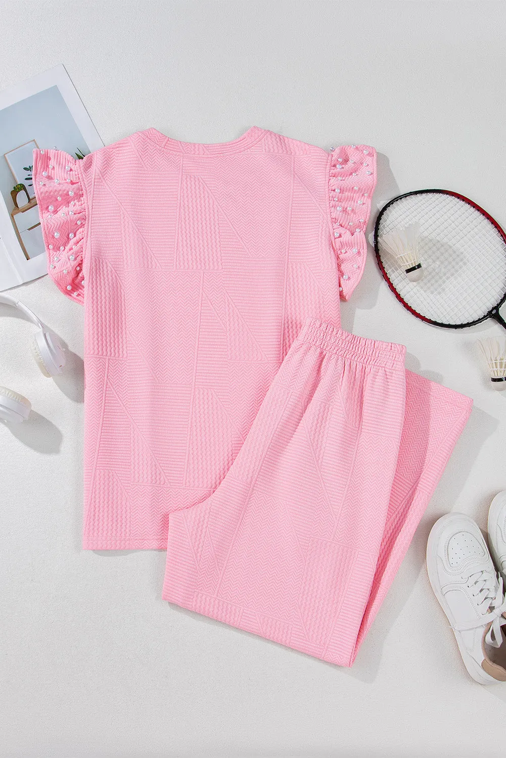 Pink Textured Pearled Ruffled Sleeve Wide Leg Pants Set
