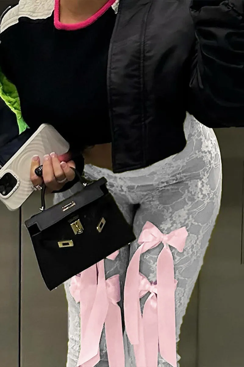 PK722 Lace See-Through Bow Tie Pants