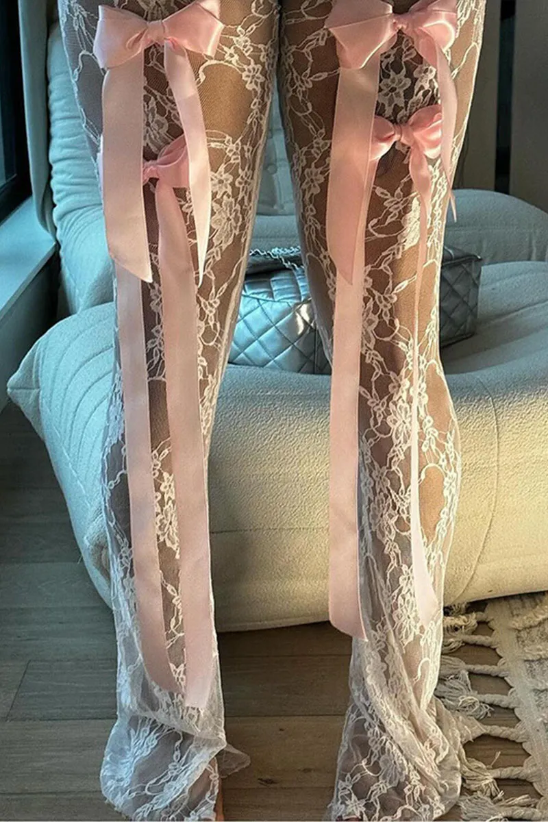 PK722 Lace See-Through Bow Tie Pants