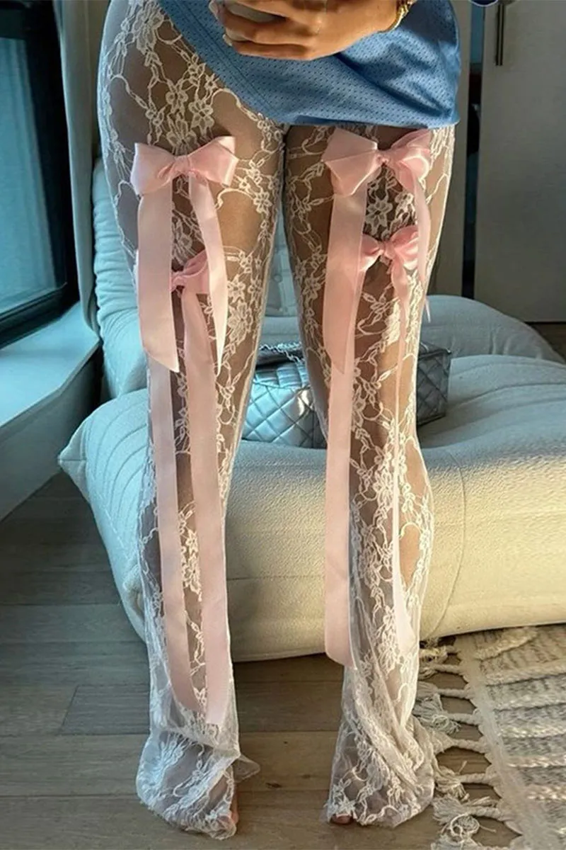 PK722 Lace See-Through Bow Tie Pants