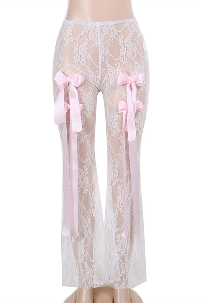 PK722 Lace See-Through Bow Tie Pants