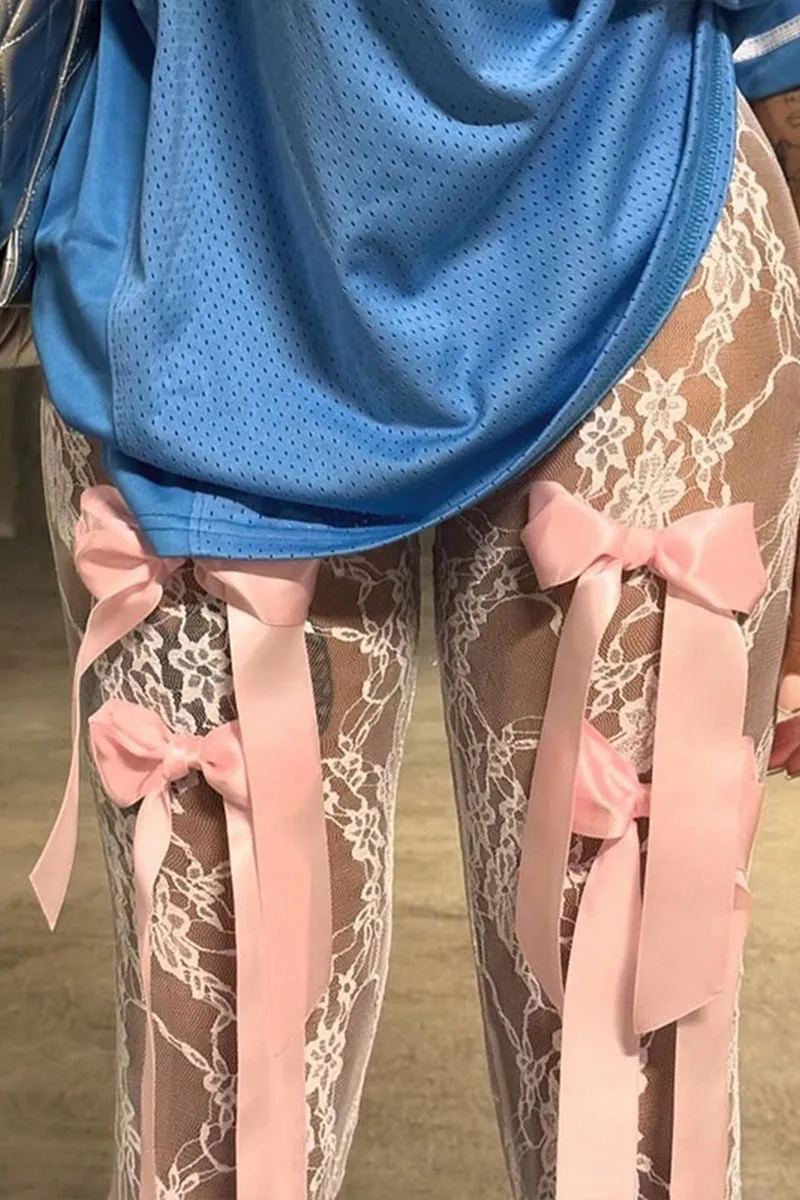 PK722 Lace See-Through Bow Tie Pants