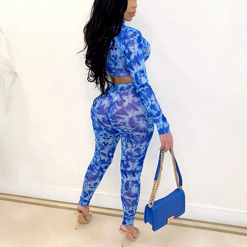 Print Long Sleeve Crop Top & Pants Set