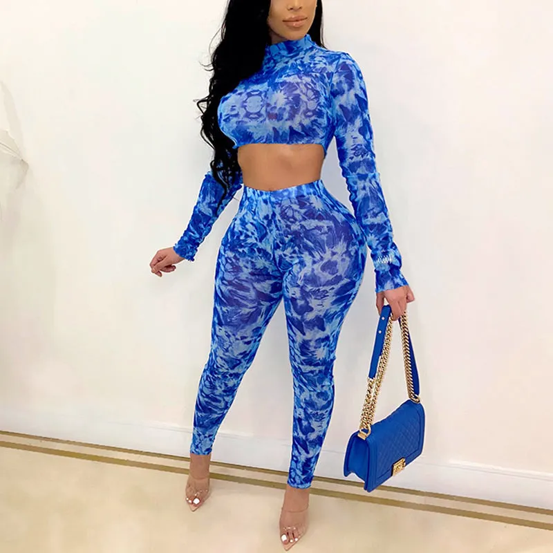 Print Long Sleeve Crop Top & Pants Set