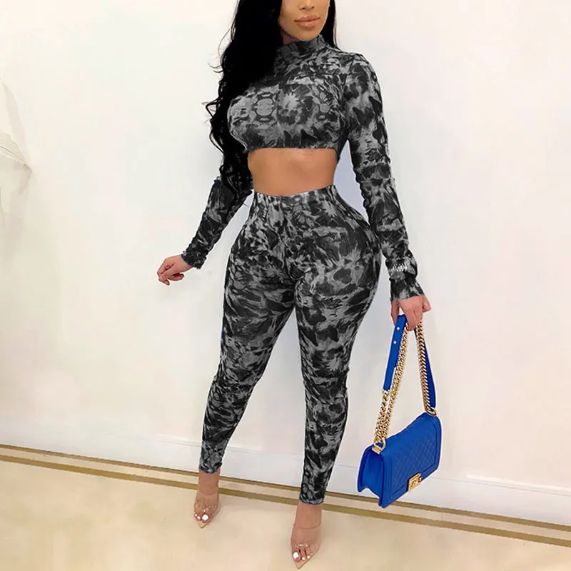 Print Long Sleeve Crop Top & Pants Set