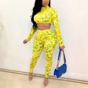 Print Long Sleeve Crop Top & Pants Set