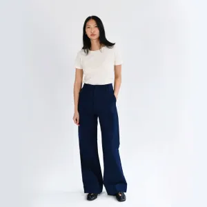 Riverside Wide Leg Cotton Trousers In Navy