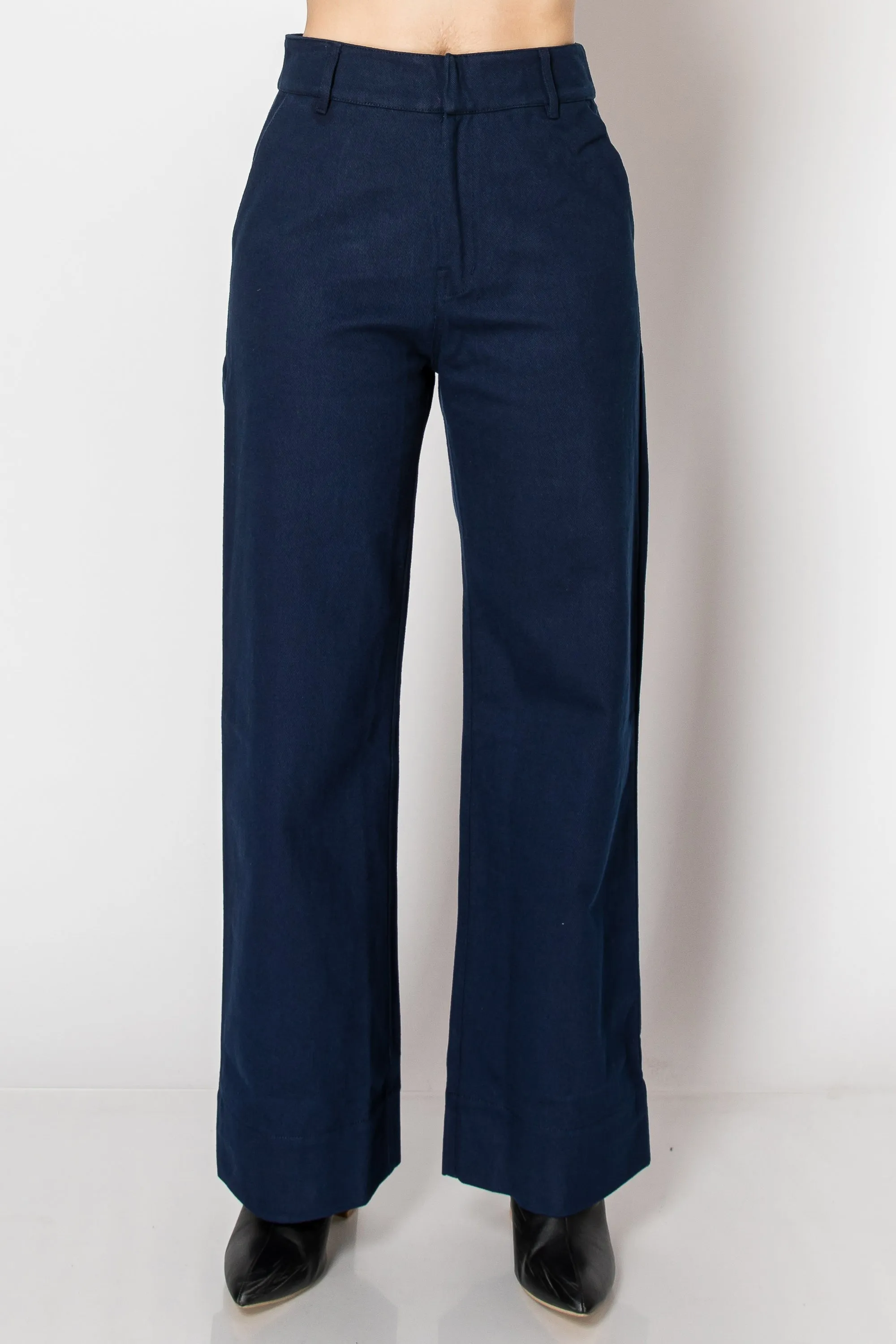 Riverside Wide Leg Cotton Trousers In Navy