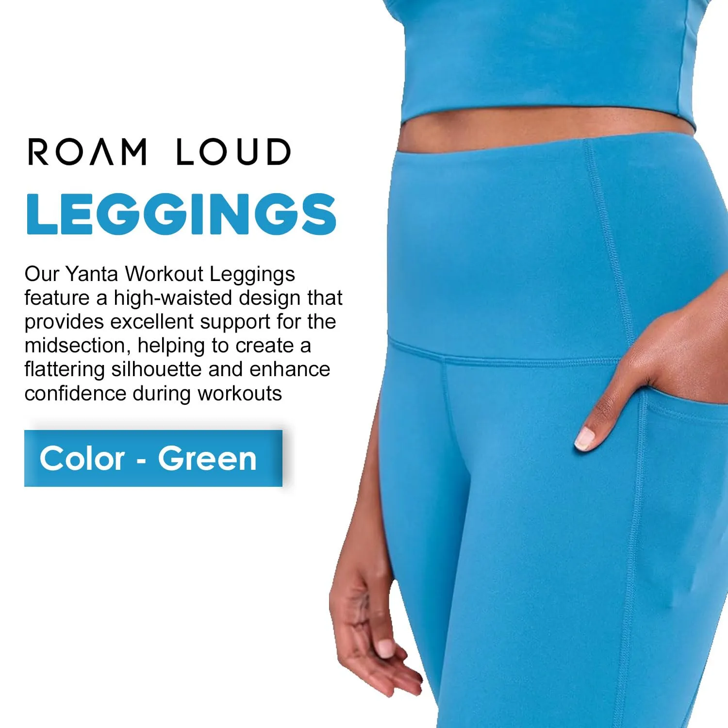 ROAM LOUD Yanta Workout Leggings | Green S | Women's High Waisted Compression Leggings with Pockets