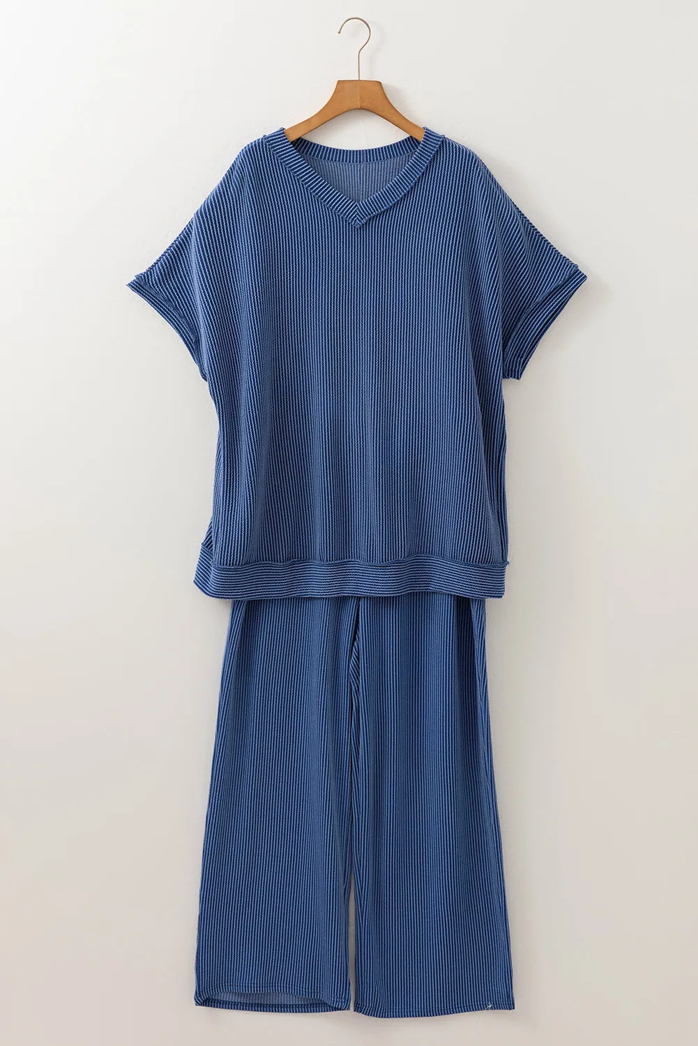 Sail Blue Ribbed V Neck Tee and Pants Plus Size Set