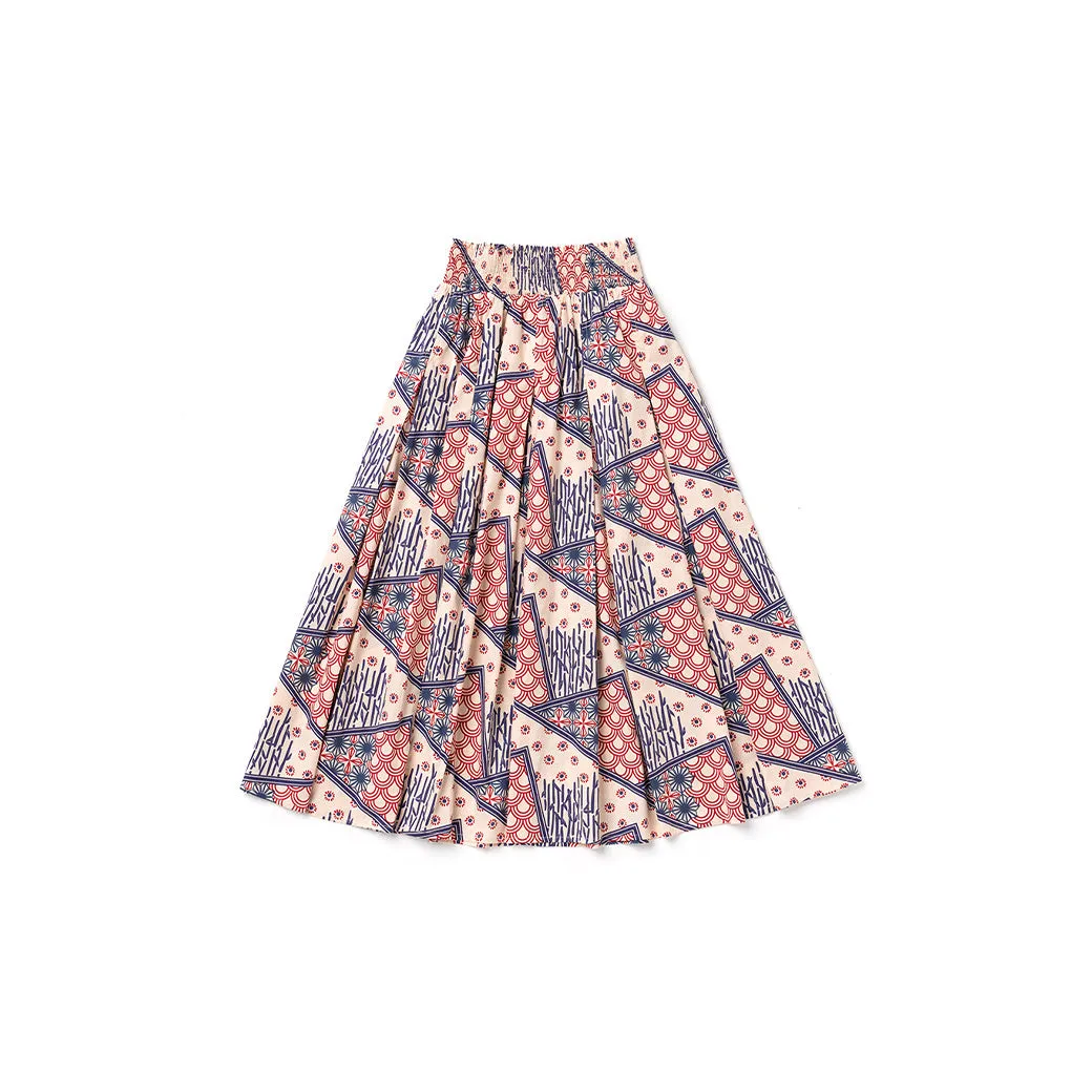 SAMPLE - Smocked Waist MIDI Skirt - Indigo Circles