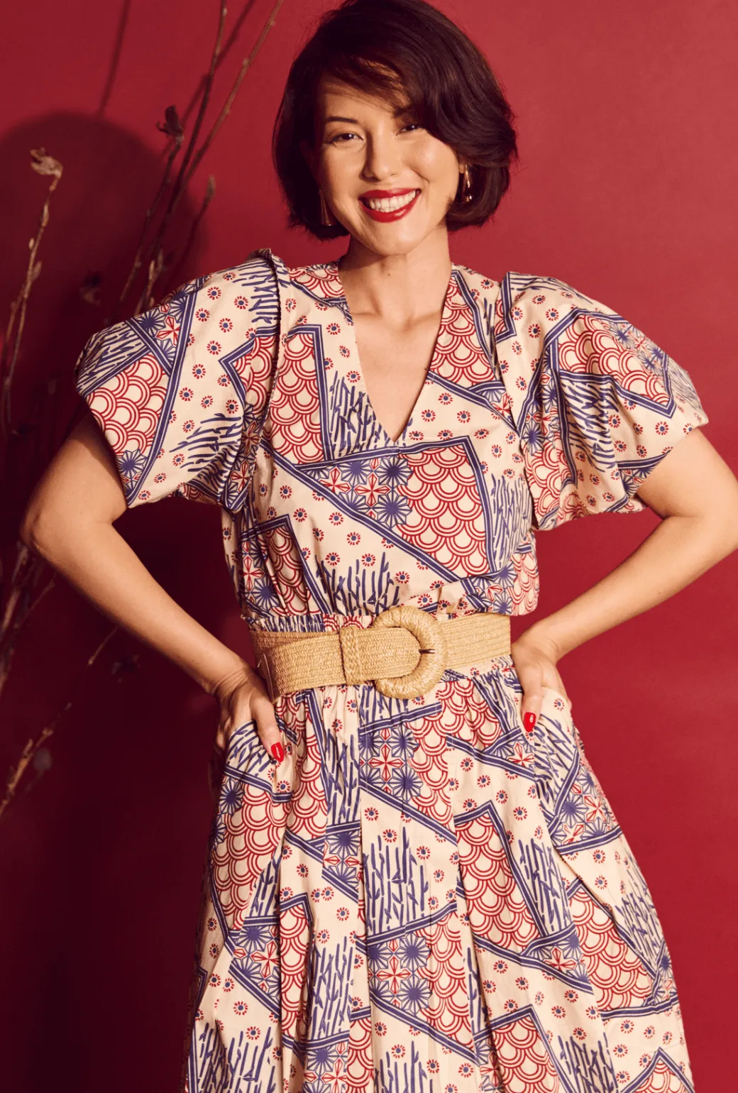 SAMPLE - Smocked Waist MIDI Skirt - Indigo Circles