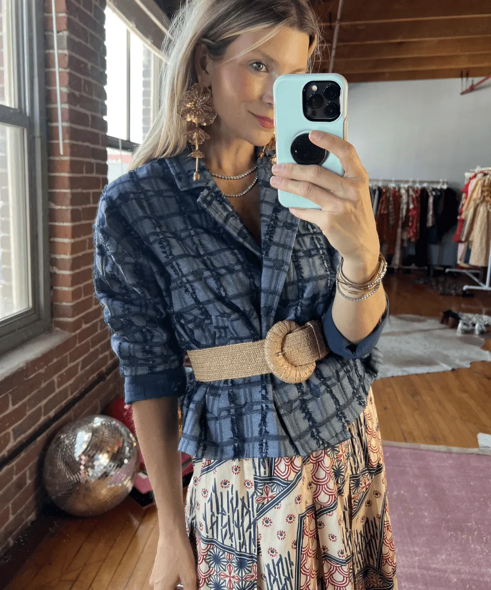 SAMPLE - Smocked Waist MIDI Skirt - Indigo Circles