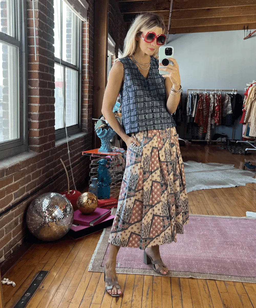 SAMPLE - Smocked Waist MIDI Skirt - Indigo Circles